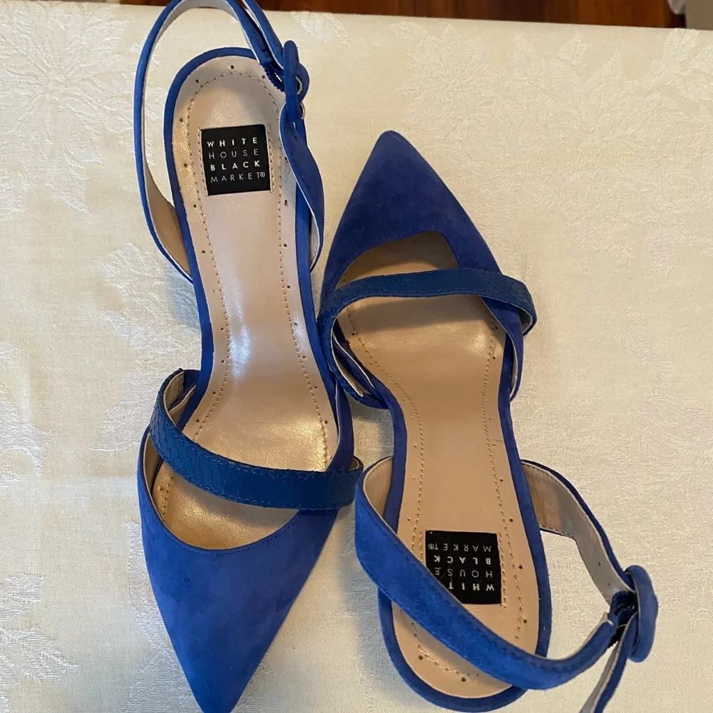 White House Black Market Royal Blue Suede Slingback With Snake Embossed Stran - Picture 8 of 9